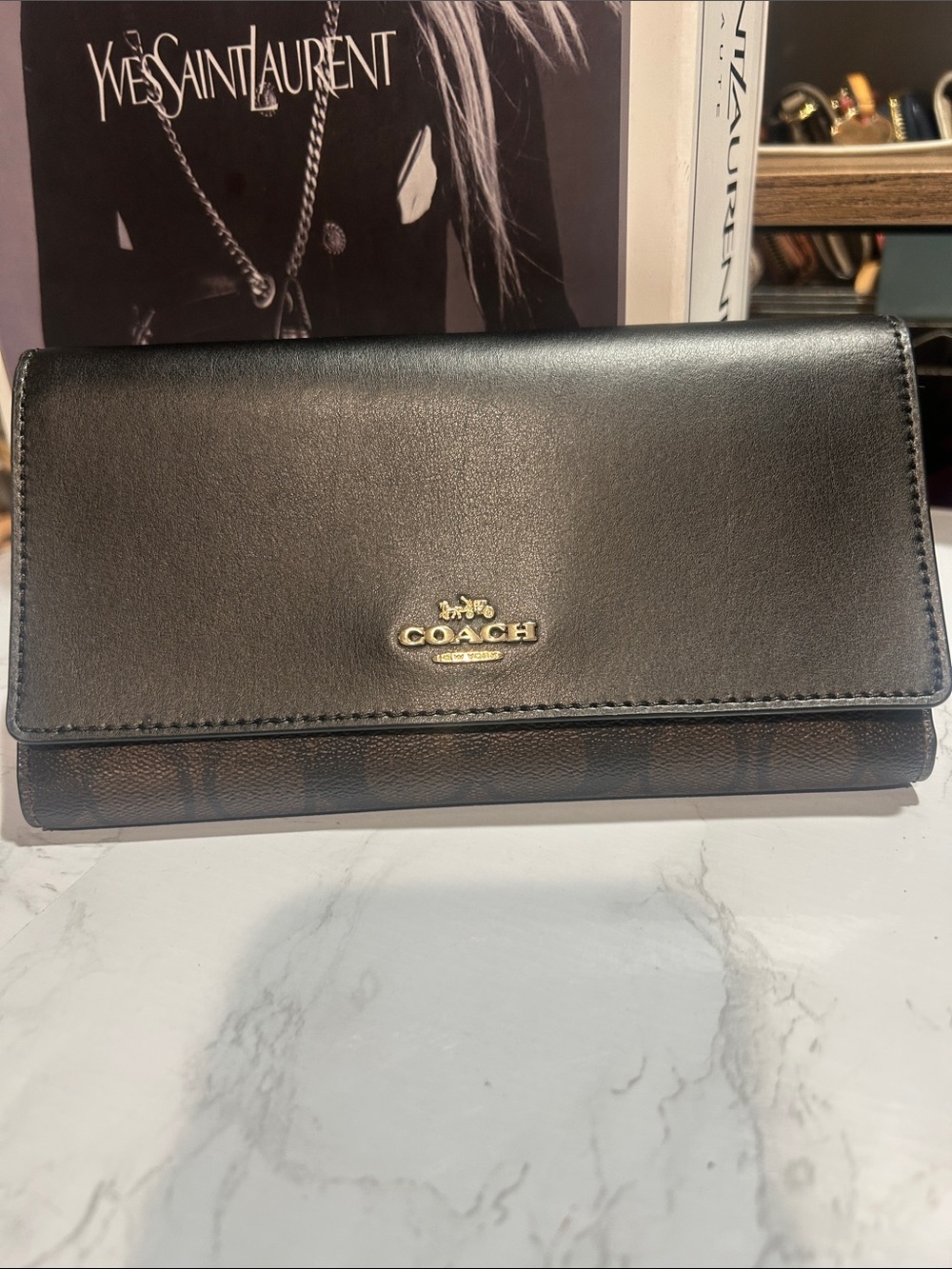 Coach trifold Black and Brown Signature Fold Wallet